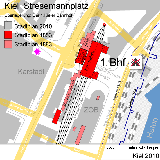 Lageplan vom 1. Kieler Bahnhof 2010 - virtuell
